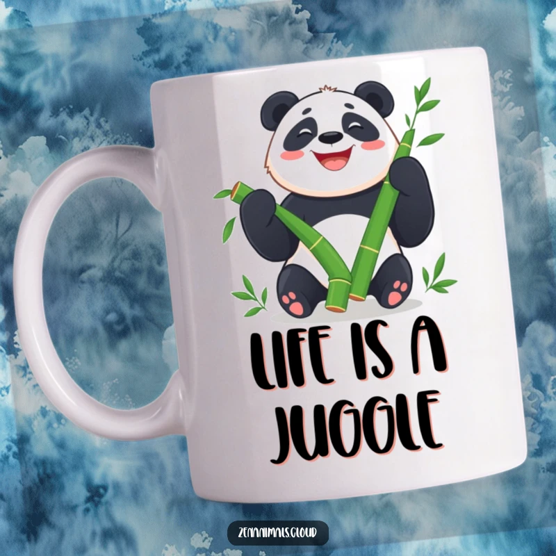 Funny Panda Mug: Happy panda juggling bamboo shoots with a wide grin, conveying pure joy.
