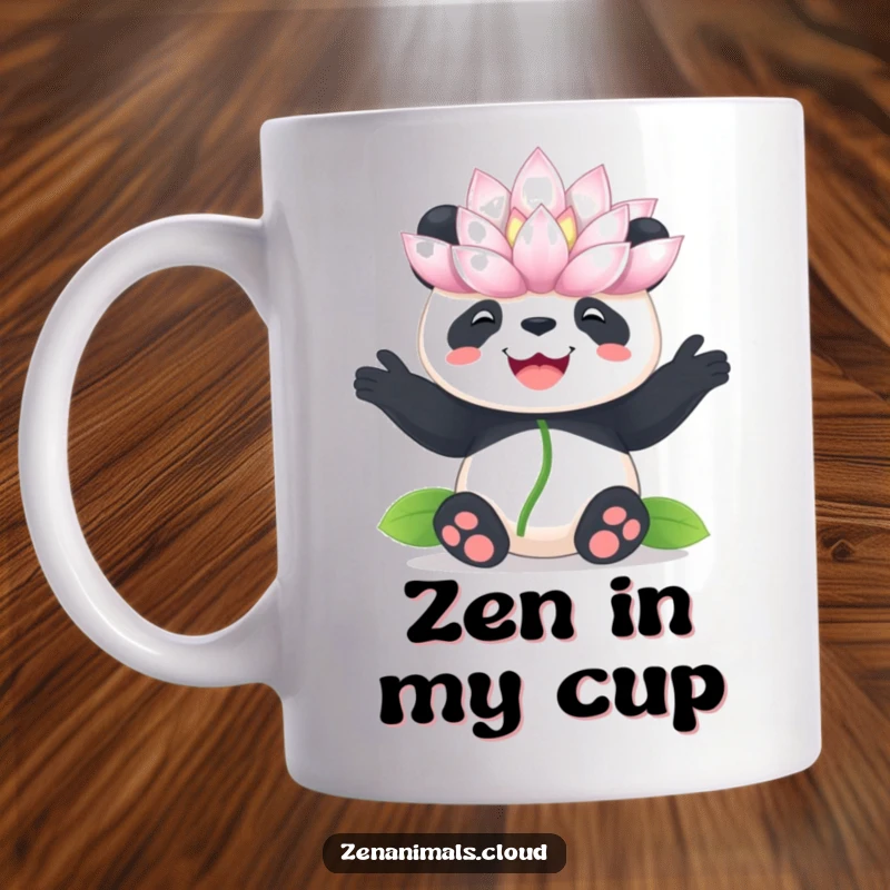 Funny panda balancing lotus mug, joyful panda with flower on nose, peaceful and humorous zen imagery.