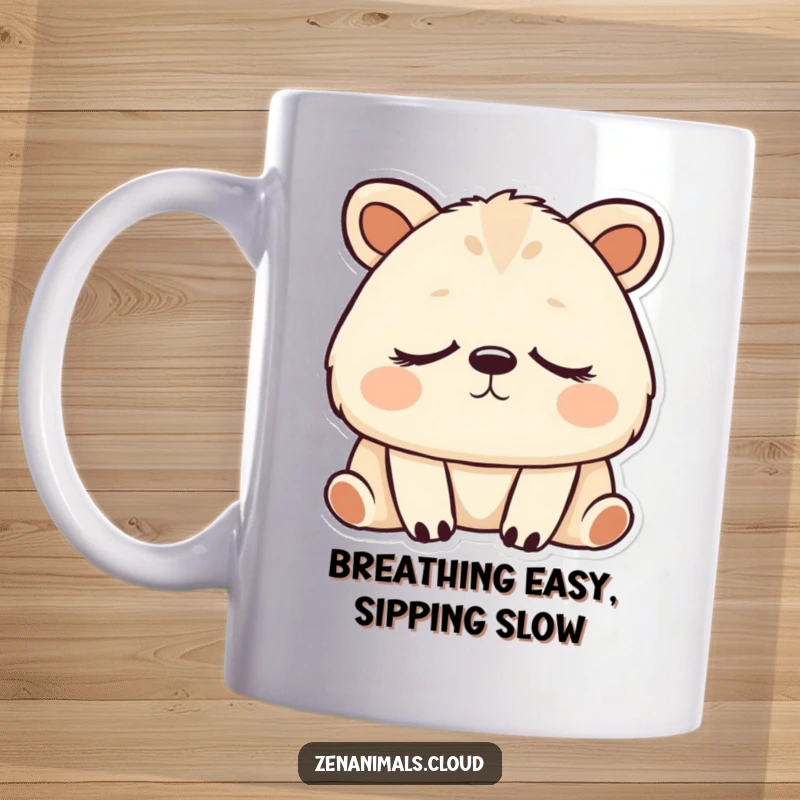 Funny peaceful animal with eyes closed, breathing deeply with a serene face on a mug.