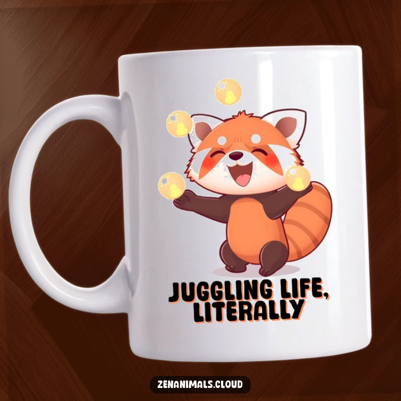 Funny red panda mug showing a happy red panda enthusiastically juggling three glowing orbs with a wide smile.