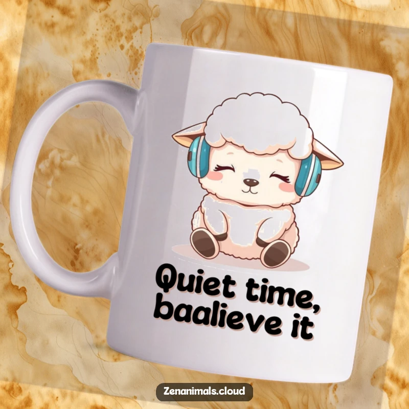 Funny sheep meditation mug showing a fluffy sheep wearing headphones, eyes closed in peaceful, humorous relaxation.