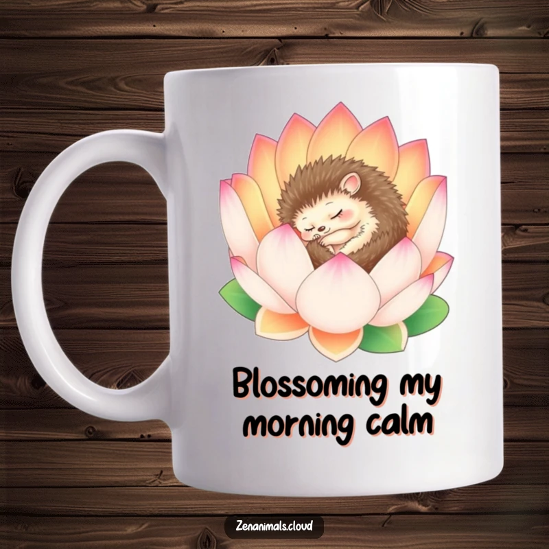Funny Hedgehog Mug: A sleepy hedgehog is peacefully curled inside a serene blooming lotus flower, embodying calm and relaxation.