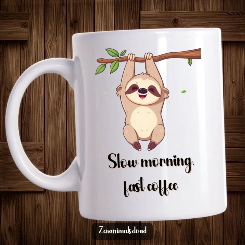 Funny mug featuring a giggling sloth hanging upside down from a branch, looking utterly amused and radiating happiness.