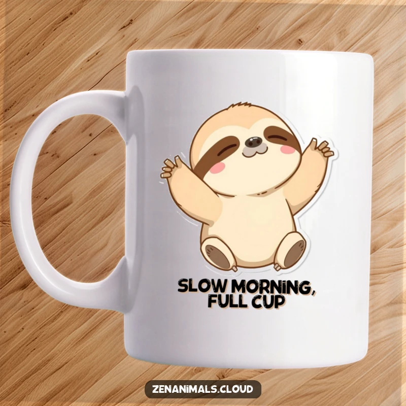 Funny Sloth Mug: A content sloth leisurely stretching its arms, conveying a humorous and relaxed vibe.