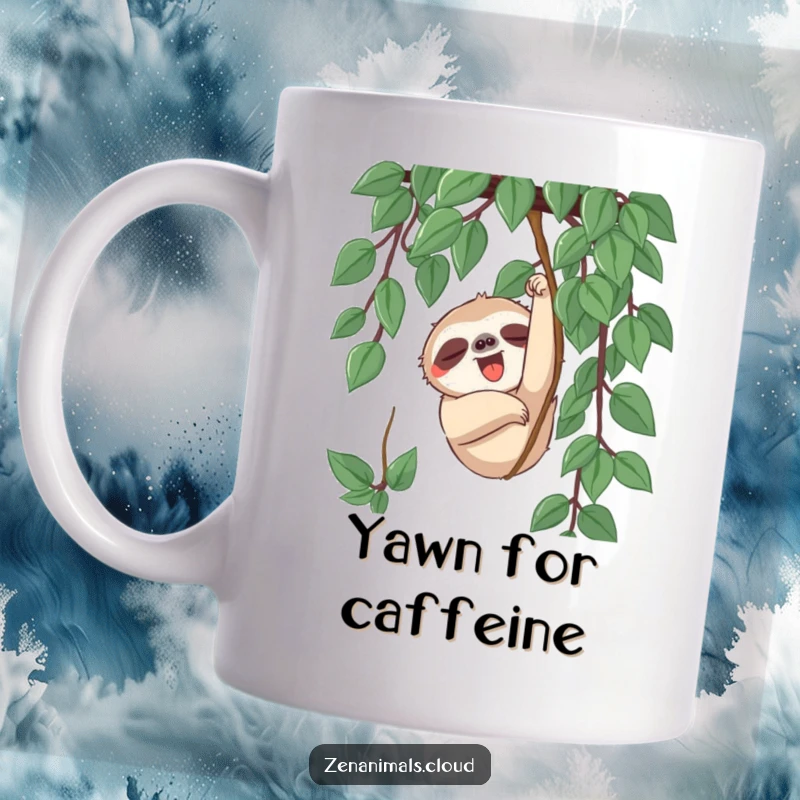 Funny sloth character slowly reaching for a vine with a big yawn on this humorous mug.