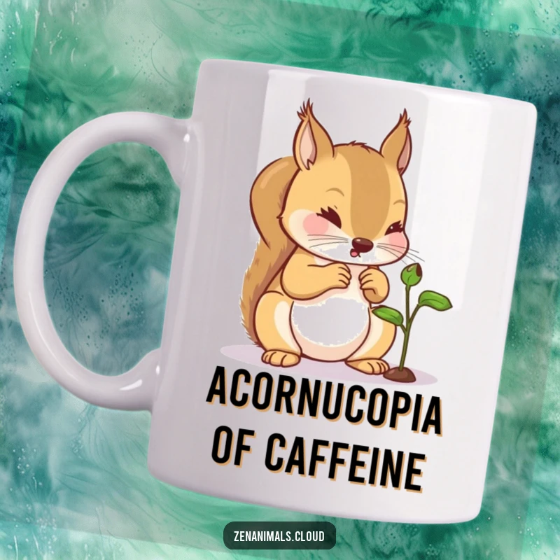 Funny Squirrel Mug: A curious squirrel intently examining a tiny green sprout, capturing a moment of nature's wonder.