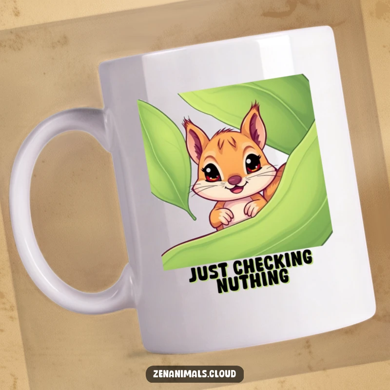 Funny squirrel mug showing a curious squirrel with wide eyes peeking playfully from behind a large green leaf, capturing an adorable and humorous moment.