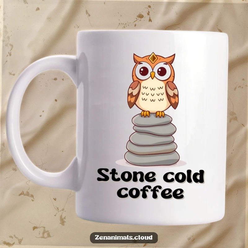 Funny wise owl mug featuring an owl perched contemplatively atop a stack of smooth stones, radiating wisdom and quiet humor.