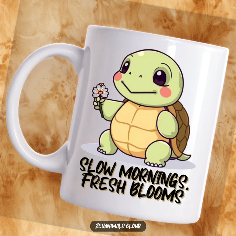 Funny turtle mug featuring a wise, smiling turtle holding out a tiny, delicate flower, symbolizing peace and thoughtful humor.