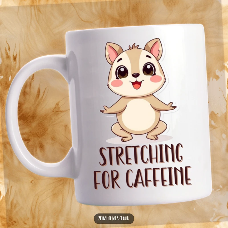 Funny yoga animal mug showing a round, happy creature doing an enthusiastic yoga pose with wide, joyful eyes, celebrating fitness.