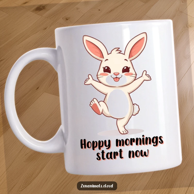 Funny Bunny Mug: A cheerful bunny doing a playful yoga pose with one leg extended, embodying fitness and humor.