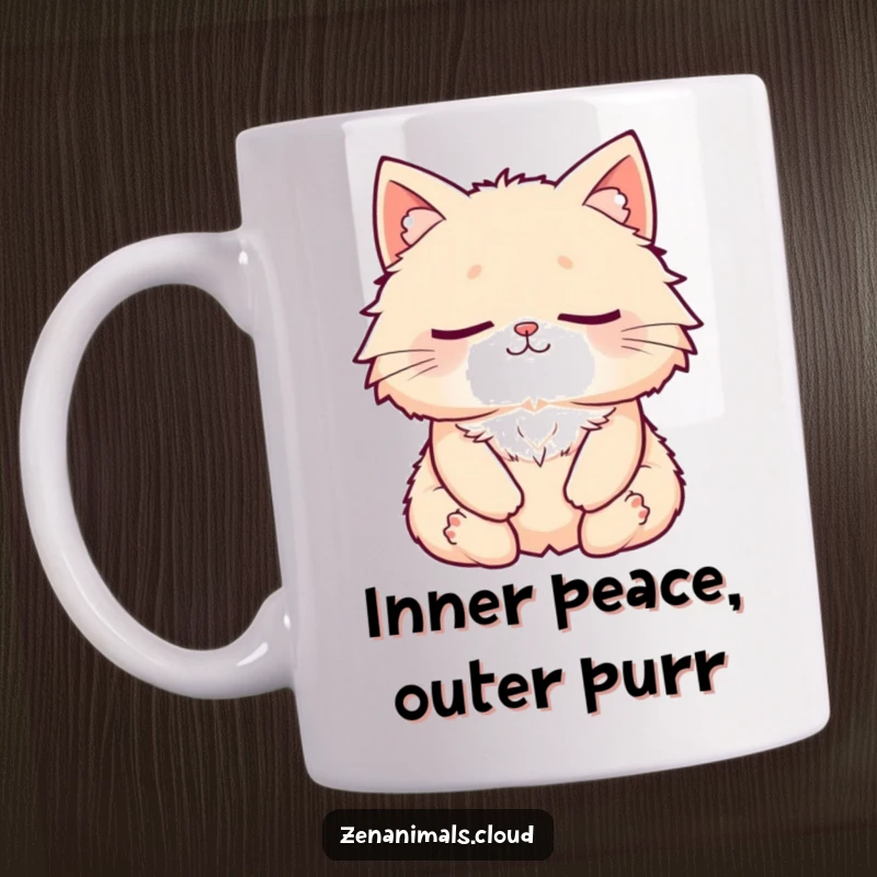 Funny Cat Mug: A fluffy cat meditating peacefully with eyes closed and a subtle smile, bringing zen to your coffee break.
