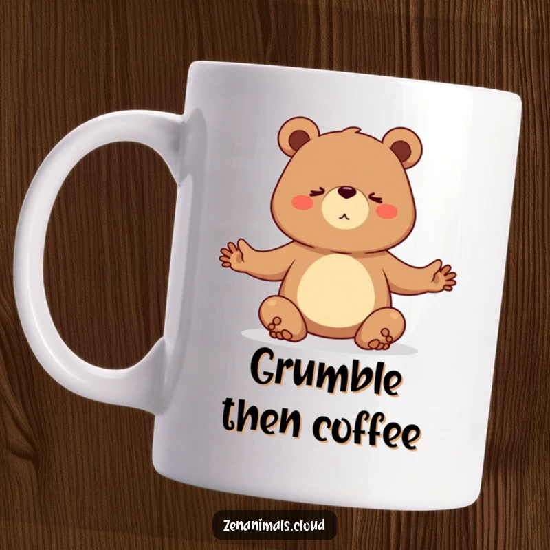 Funny mug with a determined bear focused on holding a difficult yoga pose with great concentration.