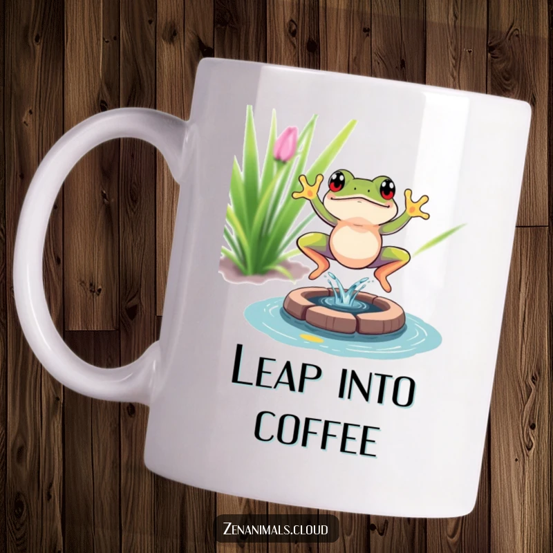 Funny frog meditation mug showing a vibrant frog joyfully leaping into a tiny pond with a big splash, a humorous take on zen.