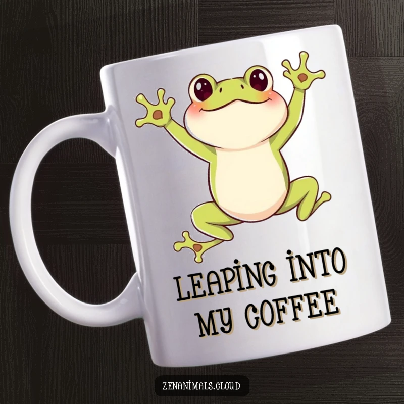 Funny Frog Mug: A joyful frog striking a dynamic leaping pose, radiating pure energy and humor.
