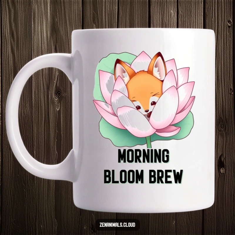 Funny curious fox peeking from behind a giant lotus flower on a mug, radiating mystery and charm.