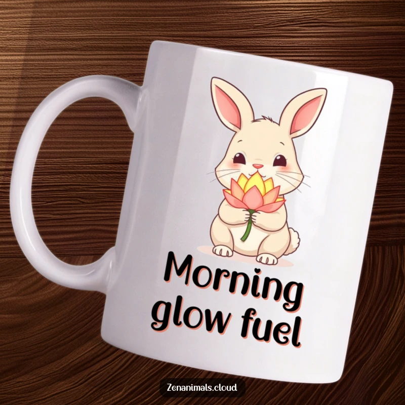 Funny Rabbit Mug: Curious rabbit holding a glowing lotus flower, nose twitching, conveying wonder.