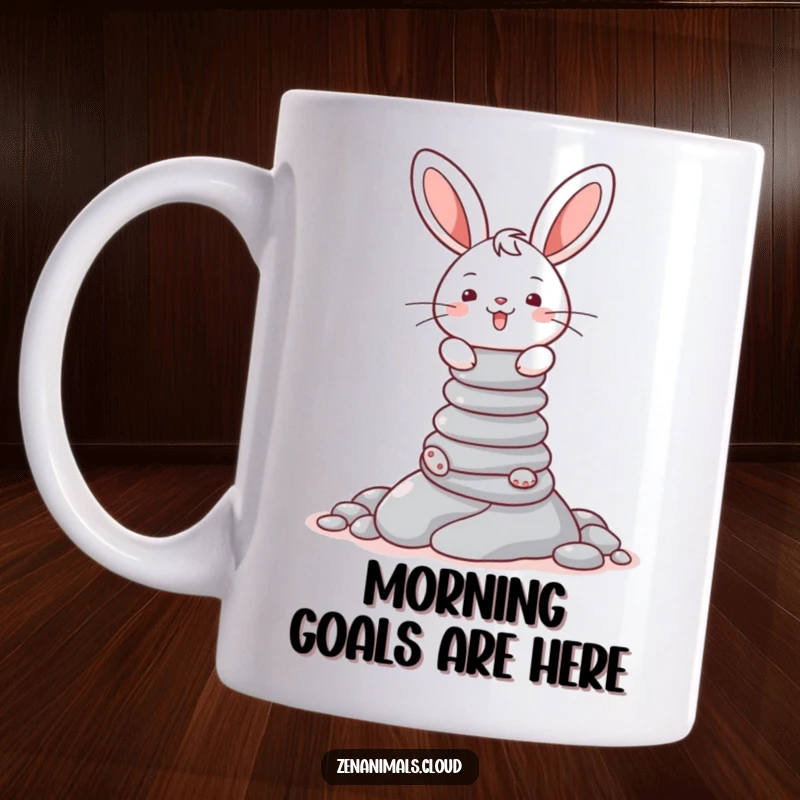 Funny mug featuring a cheerful bunny with a big smile, perfectly balancing a tall stack of colorful pebbles.