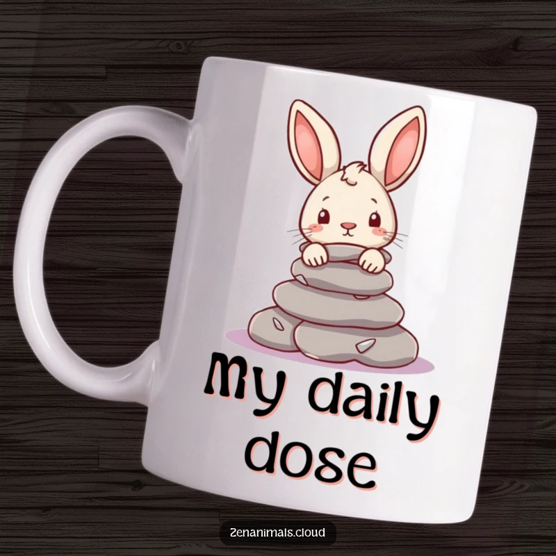 Funny Rabbit Mug: A curious bunny peeks from behind smooth river stones, showcasing its playful and inquisitive personality.