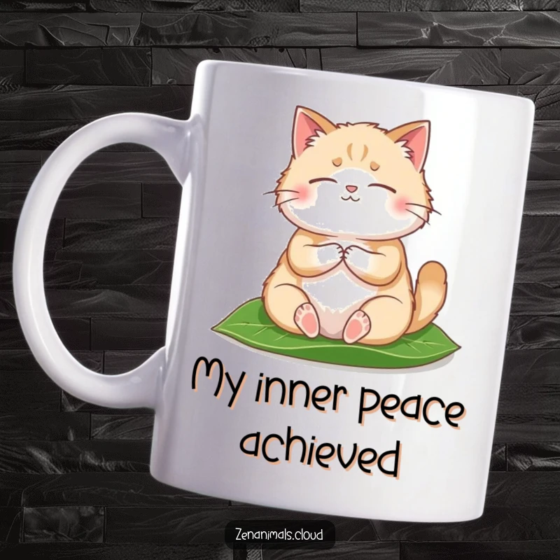 Funny Mug featuring a round, fluffy cat meditating peacefully on a green leaf, embodying pure tranquility and humor.