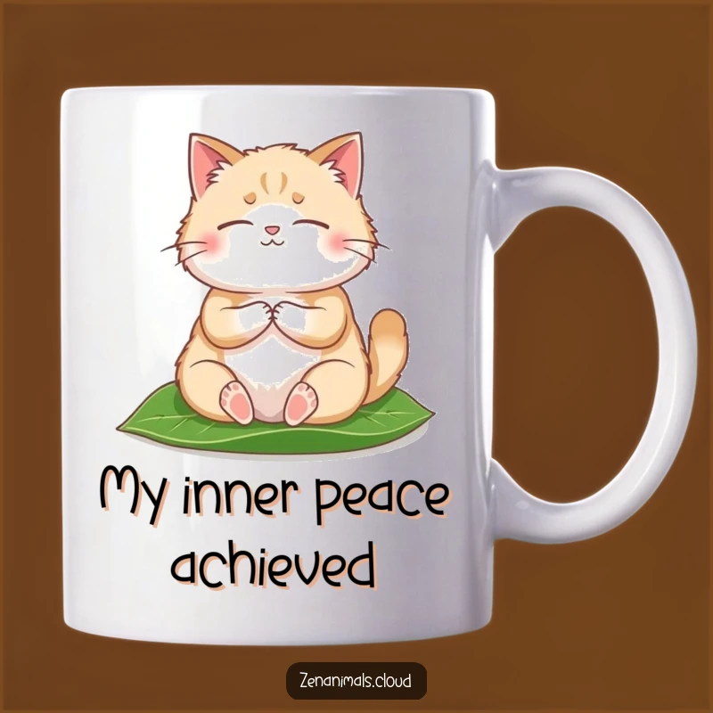 Funny Zen Cat Meditation Mug: Peaceful Fluffy Kitty on Leaf, Perfect Gift for Cat Lovers
