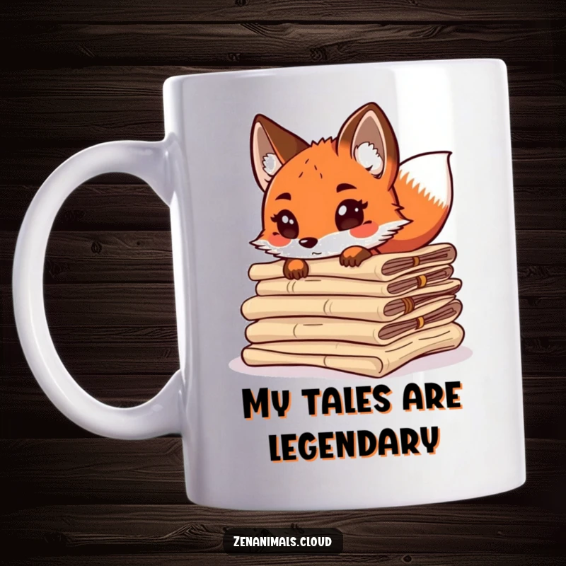 Funny curious fox peeking from behind ancient scrolls, tail wagging excitedly, holding a scroll, whimsical art for mugs.