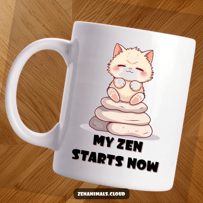 Funny Cat Mug: Fluffy cat meditating serenely on stone stack, eyes closed, conveying peace and humor.