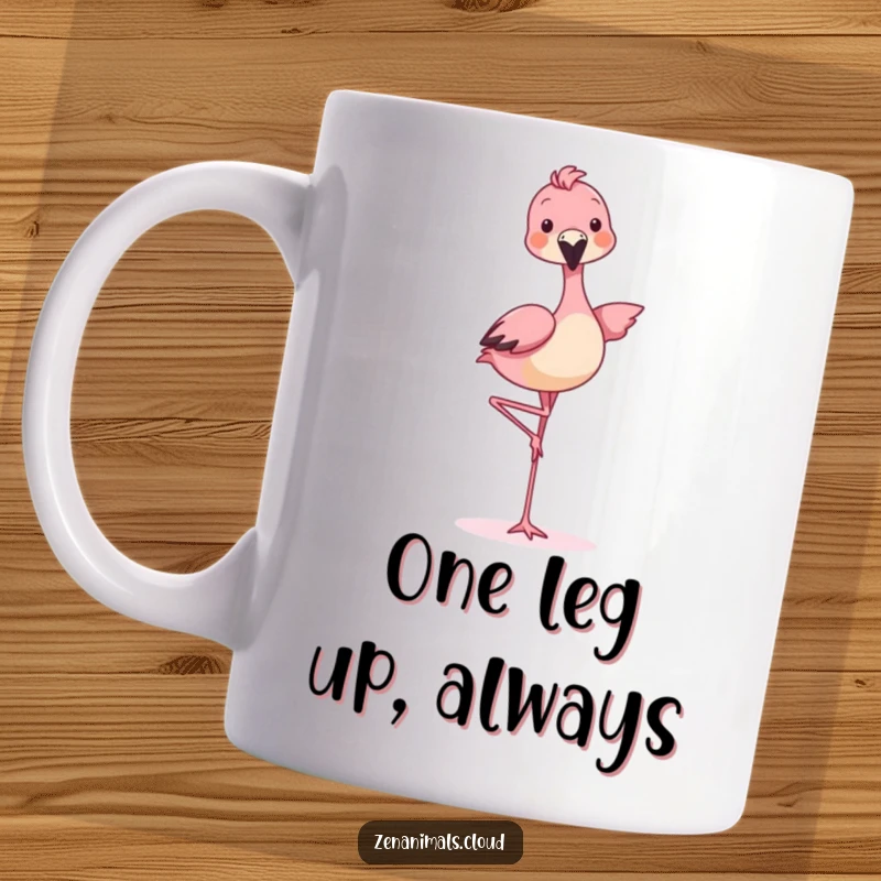 Funny playful animal balancing expertly on one leg, mimicking a flamingo, on a mug.