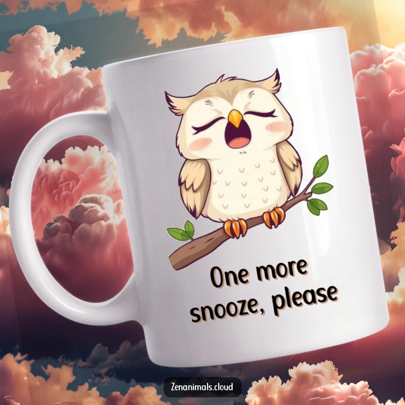 Funny Mug featuring a very sleepy owl yawning widely while perched on a branch, embodying exhaustion comically.
