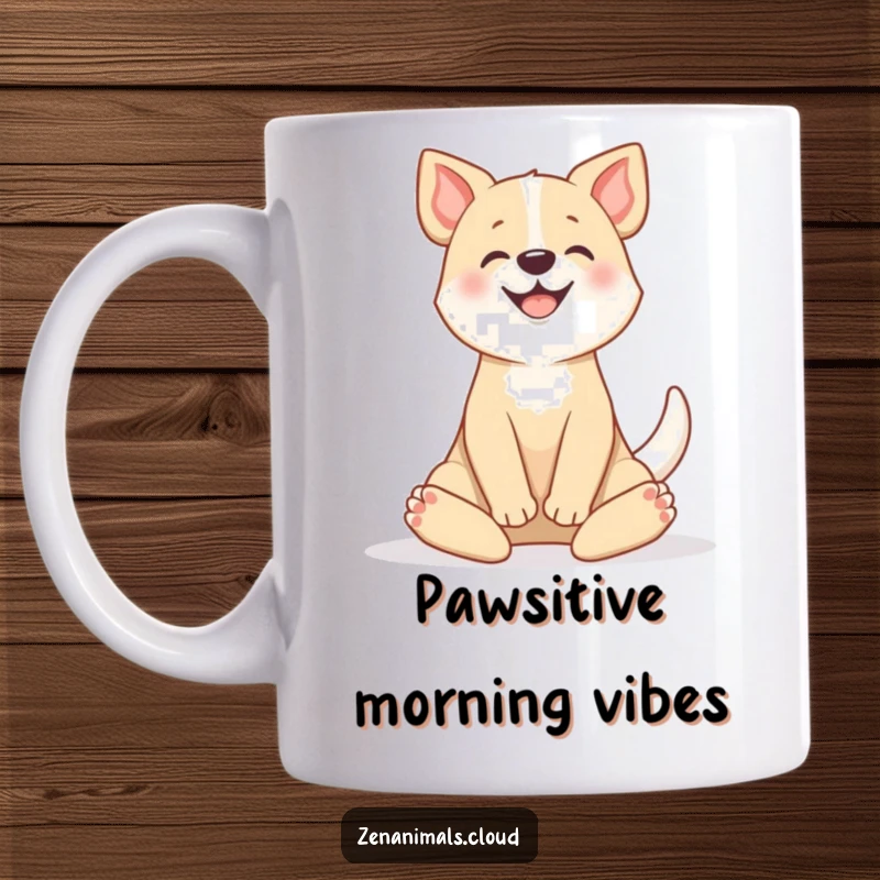Funny mug featuring a happy dog in a serene lotus position, tail wagging, embodying peaceful joy and canine zen.