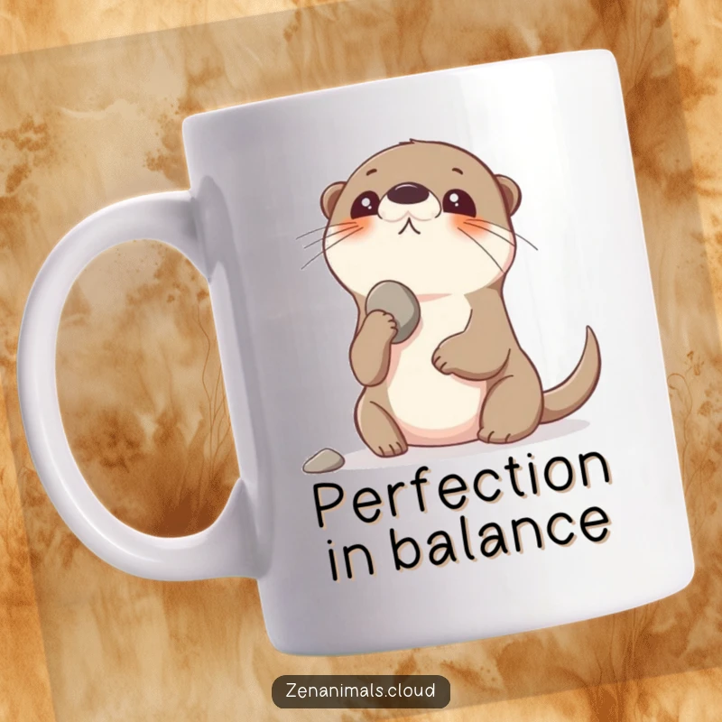 Funny playful otter character balancing a smooth pebble on its nose while looking up with a happy expression.