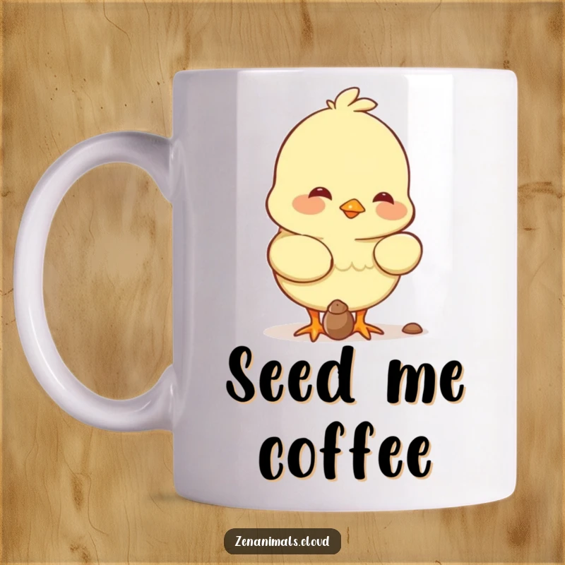 Funny chick character happily pecking at a tiny seed with a soft smile on this humorous mug.