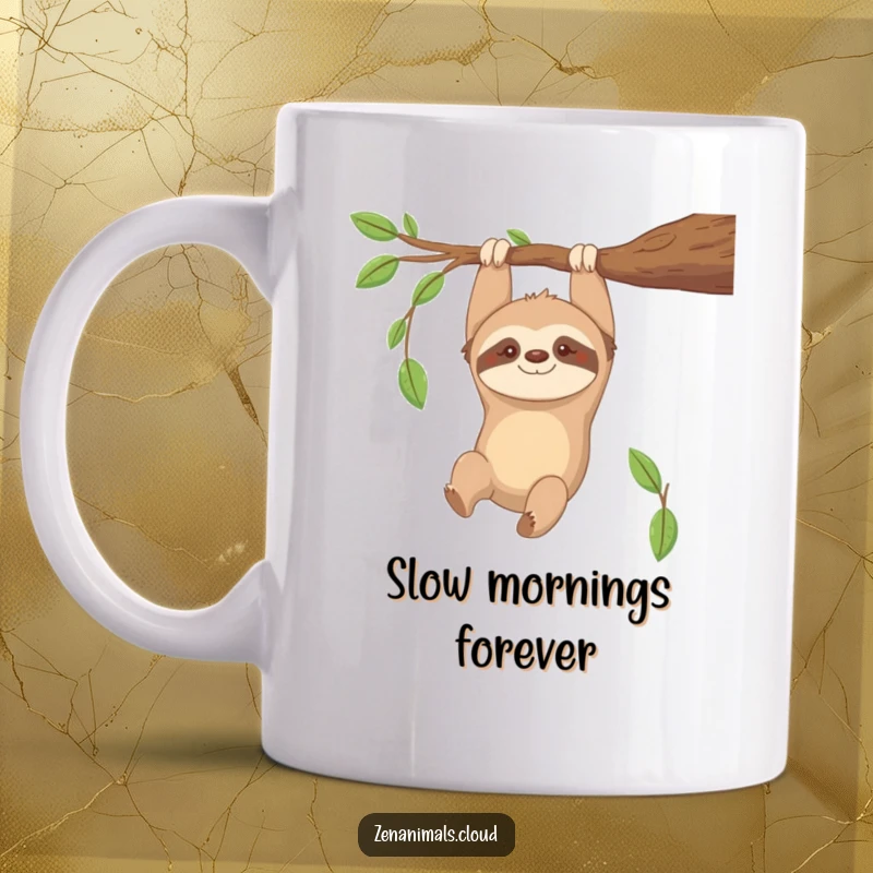 Funny Sloth Mug: Contented sloth hanging upside down from a branch, smiling gently, conveying relaxation.