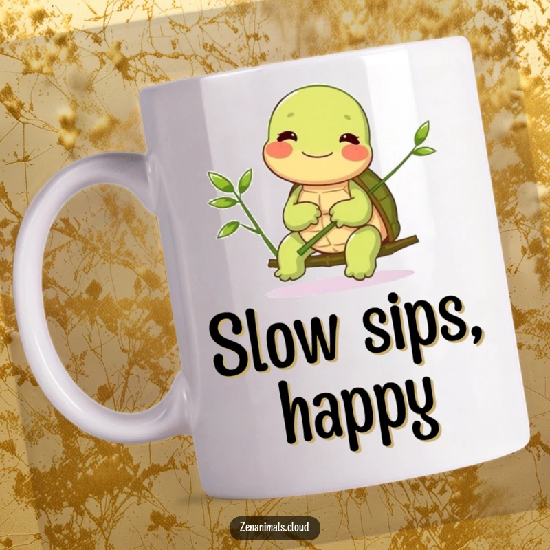 Funny Turtle Mug: A giggling turtle gracefully balances a tiny bamboo shoot, radiating slow, steady joy and gentle humor, a perfect gift.