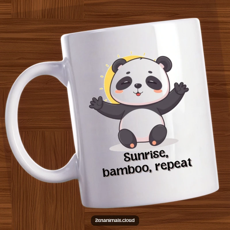 Funny playful panda doing a gentle sun salutation pose on a mug, radiating zen and humor.