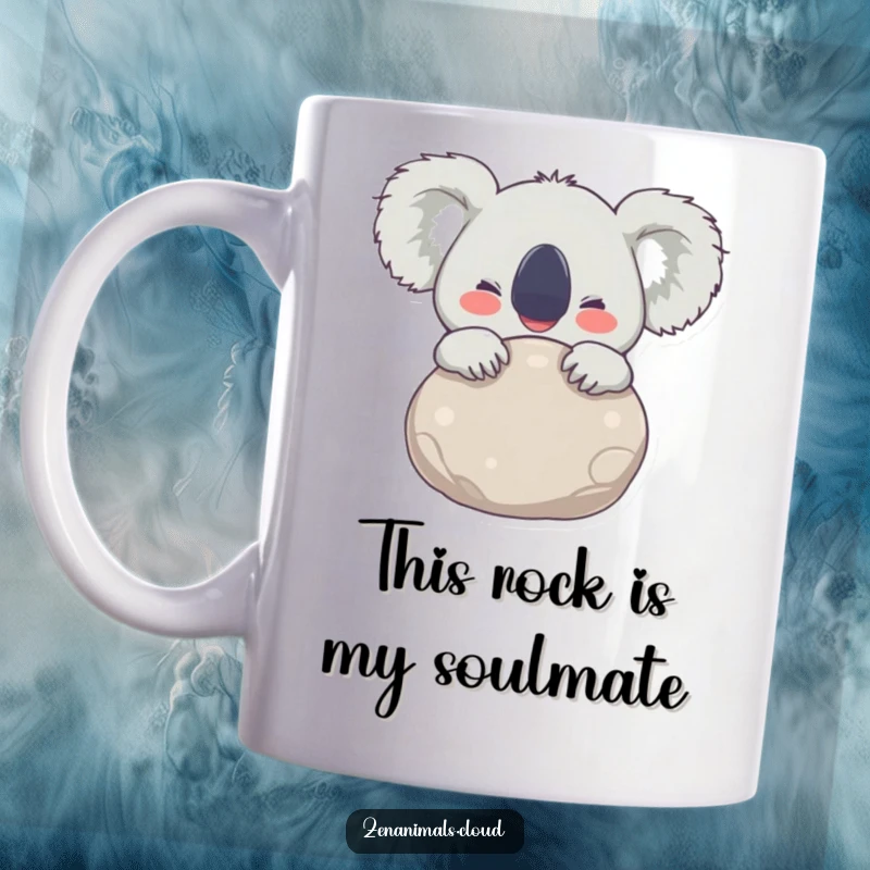 Funny Mug featuring a joyful koala hugging a smooth stone with wide, delighted eyes, capturing pure, unadulterated happiness.