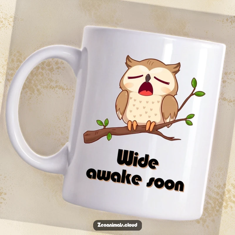 Funny mug featuring a cartoon owl on a branch, caught mid-yawn with its eyes half-closed and beak wide open.
