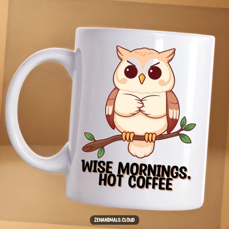 Funny owl mug showing a serene owl perched on a branch, arms crossed in deep contemplation, a wise gift.