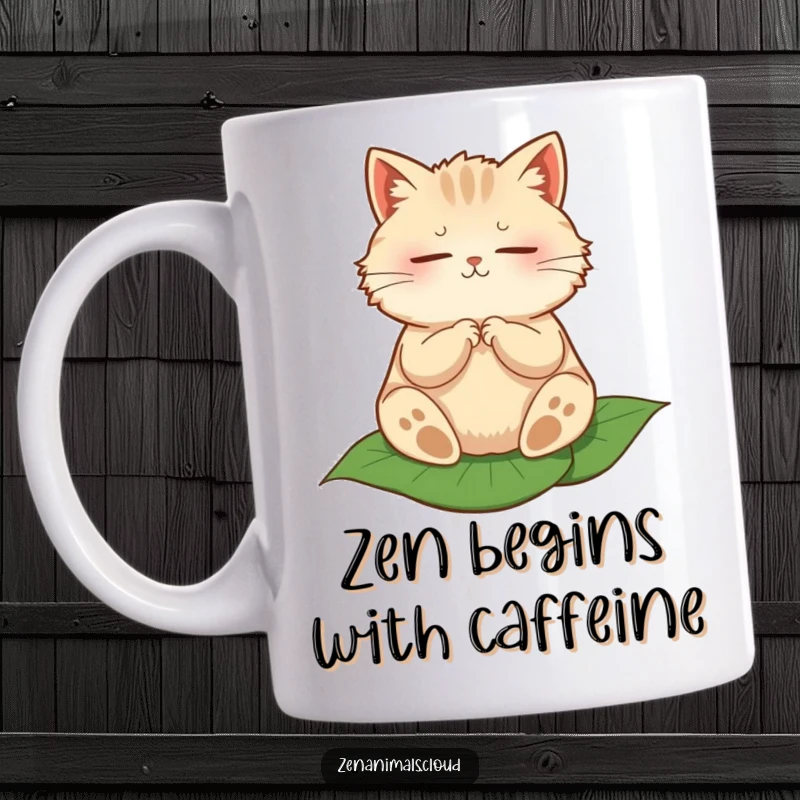 Funny mug with a round, fluffy cat meditating serenely on a large green leaf, embodying peace.