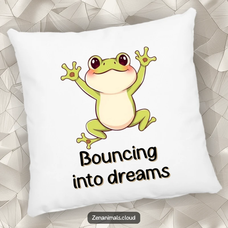 Funny Frog Pillow: A soft pillow showcasing a joyful frog in a leaping pose, adding humor and energetic comfort.