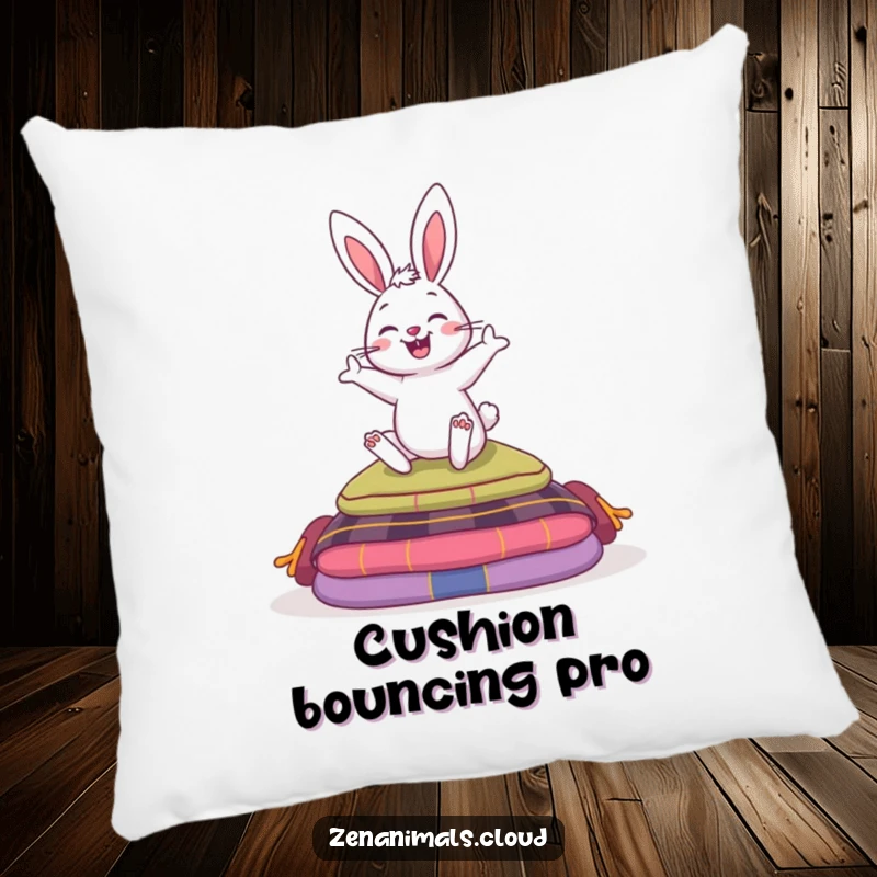 Funny pillow with a bouncy bunny design, humorously hopping over meditation cushions for a cozy and peaceful accent.