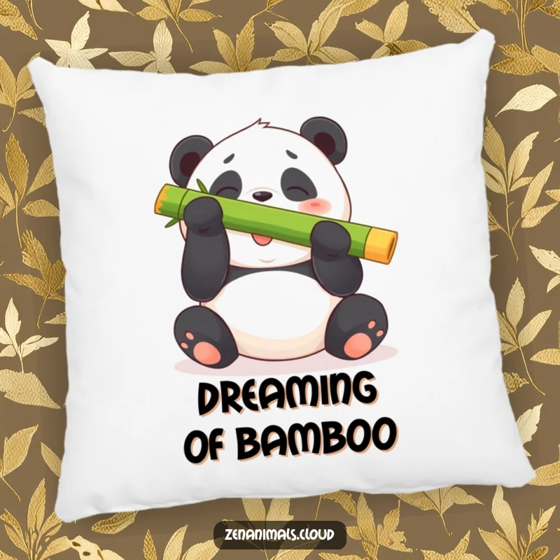 Funny panda bear pillow with a design of a plump bear giggling while balancing a large bamboo shoot on its nose.