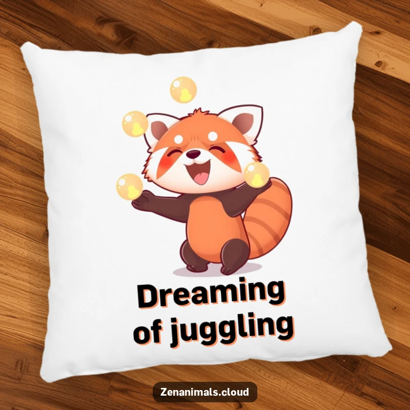 Funny red panda pillow with a design of a red panda enthusiastically juggling three glowing orbs with a wide smile.