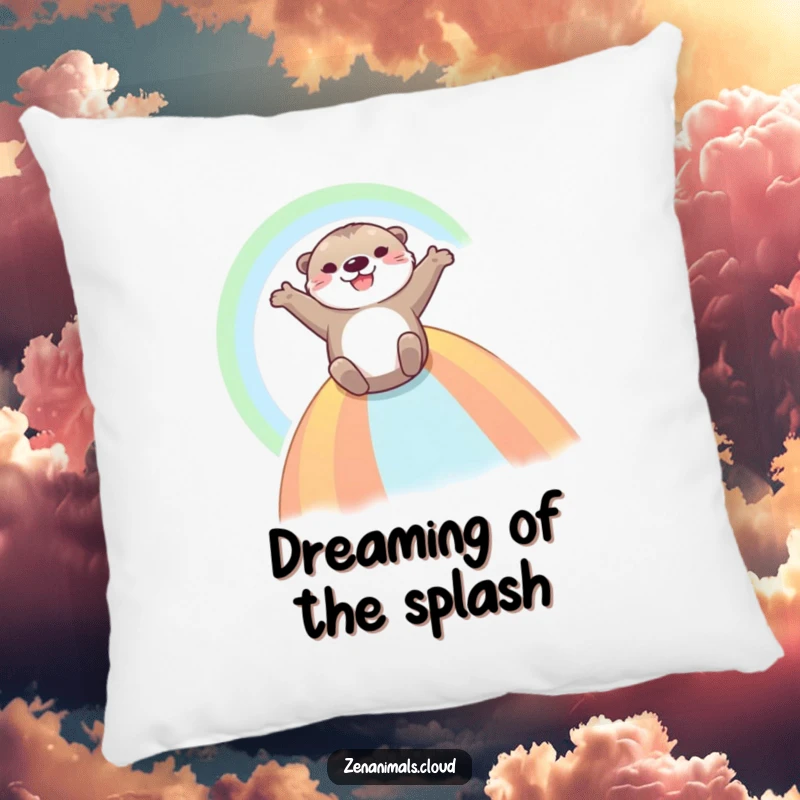Funny Otter Pillow: A happy otter joyfully slides down a colorful rainbow, arms outstretched, bringing a cozy and fun vibe.