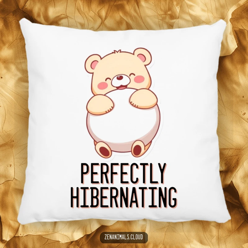 Funny bear character joyfully hugging a large round cushion, bringing comfort to this plush, humorous pillow.