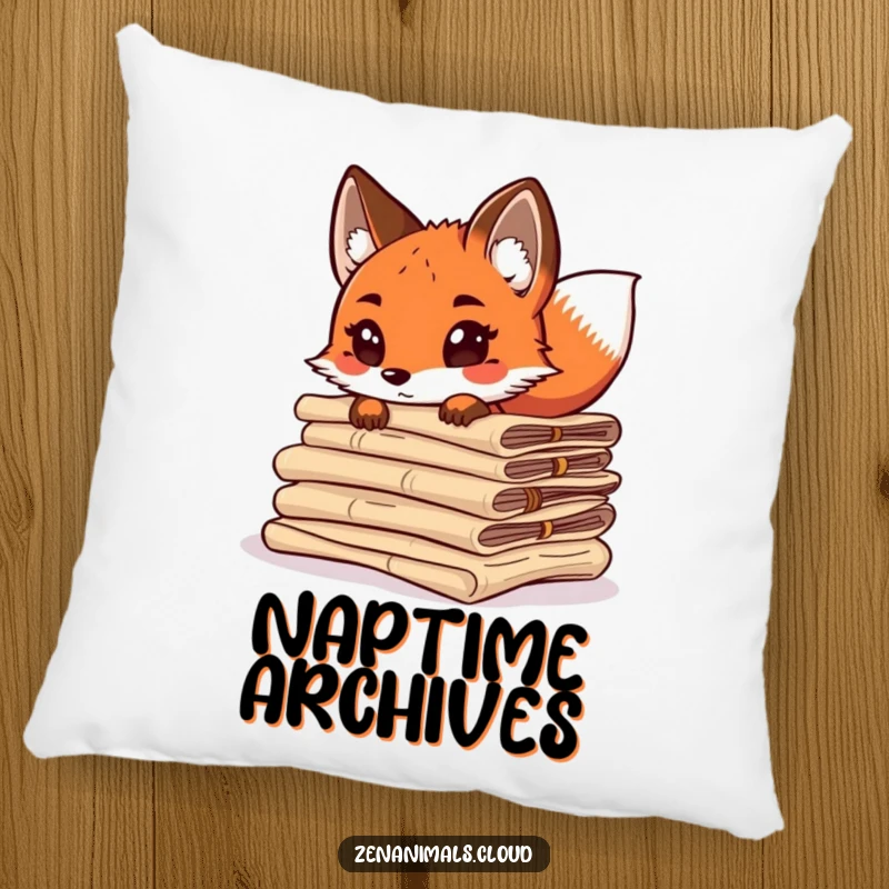 Funny curious fox peeking from behind ancient scrolls, tail wagging, soft and comfortable accent pillow for home decor.