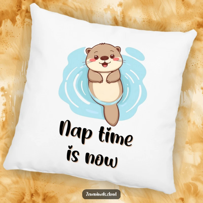 Funny happy otter floating on serene water pillow, offering cozy bliss and cheerful relaxation.