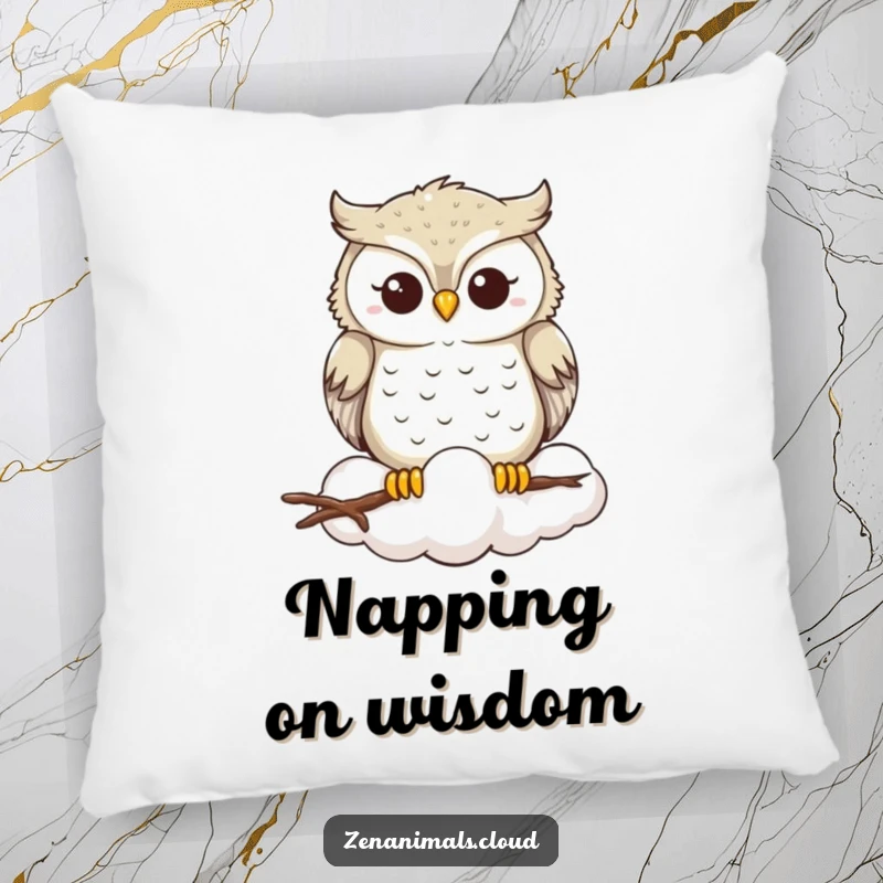 Funny Owl Pillow: A serene owl smiles peacefully atop a cloud, bringing comfort, gentle humor, and a sense of calm to any living space.