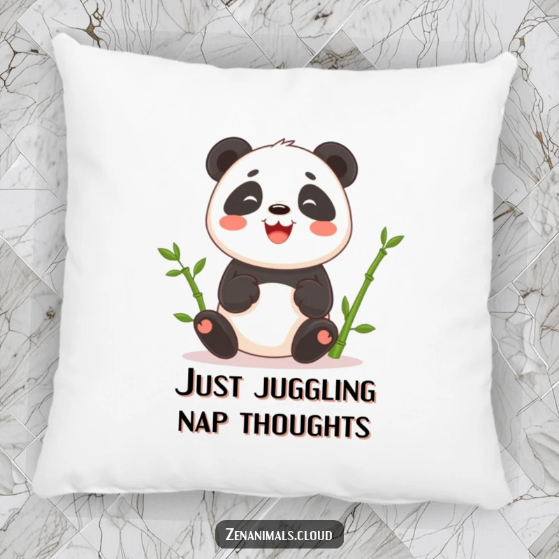 Funny pillow showcasing a happy panda juggling bamboo shoots, perfect for adding a touch of humor to any cozy space.