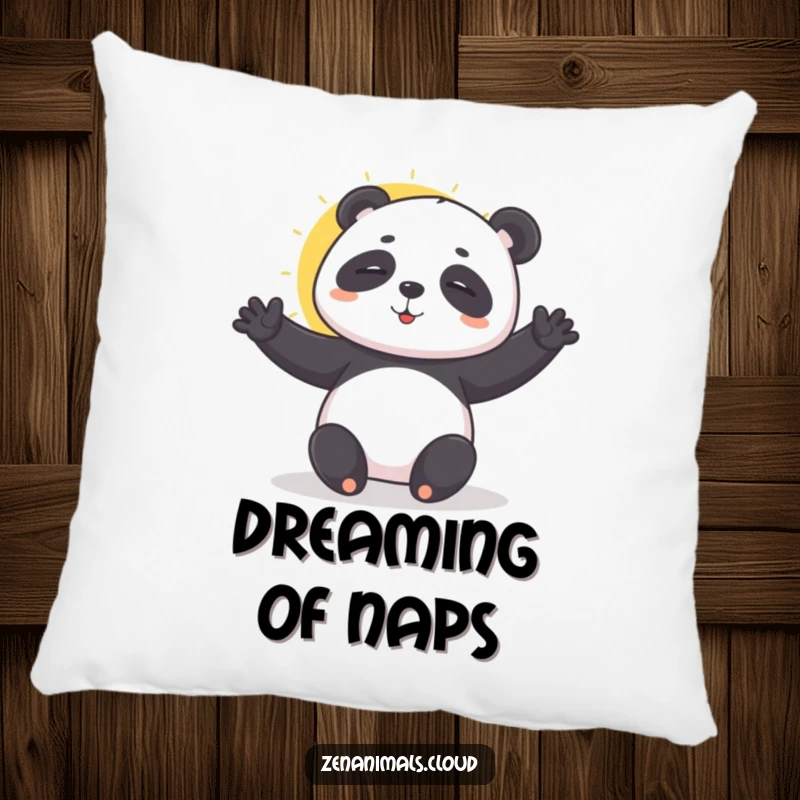 Funny playful panda doing a sun salutation pillow, offering cozy zen and gentle humorous comfort.